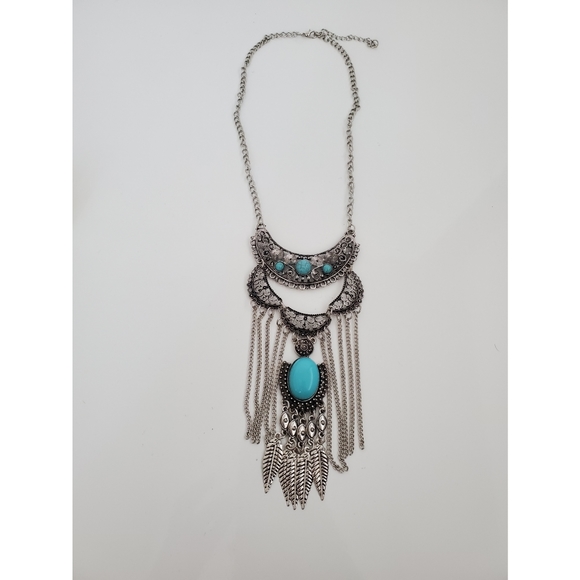 Boho Statement Collar Bib Necklace with faux turquoise stone + silver feathers - Picture 2 of 7